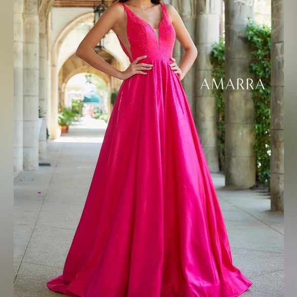 Amarra 87309 Size 0 and size 8 Bright Fuchsia A Line V Neck Dress NWT - Picture 1 of 8